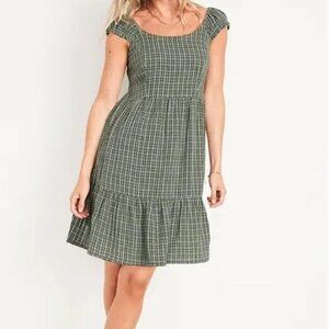 Old Navy Womens Large Fit & Flare Cap-Sleeve Plaid Smocked Mini Dress Boho Green